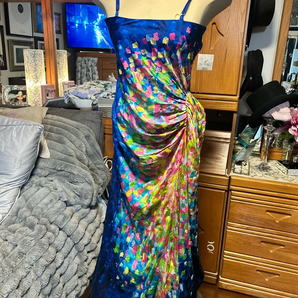 Italian silk Spaghetti Strap Sheath Midi Dress Van Gogh inspired.